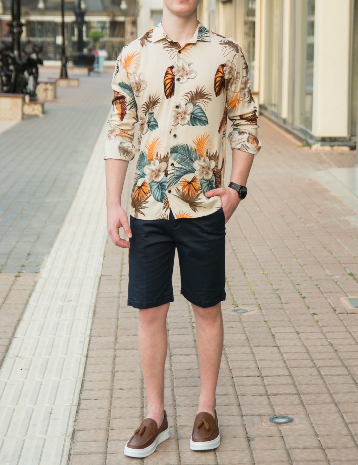 Ανδρικό μπεζ φλοράλ πουκάμισο 0592 φωτογραφία